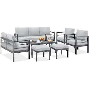 Gray 7-Piece Aluminum Patio Conversation Set with Ottomans and Gray Cushions