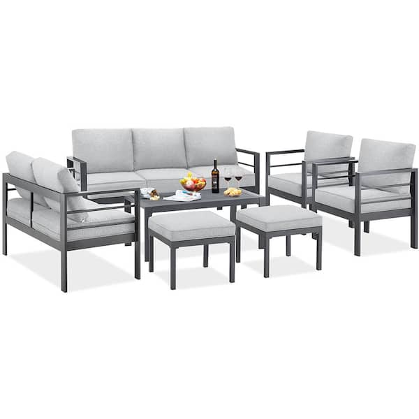 AECOJOY Gray 7-Piece Aluminum Patio Conversation Set with Ottomans and Gray Cushions