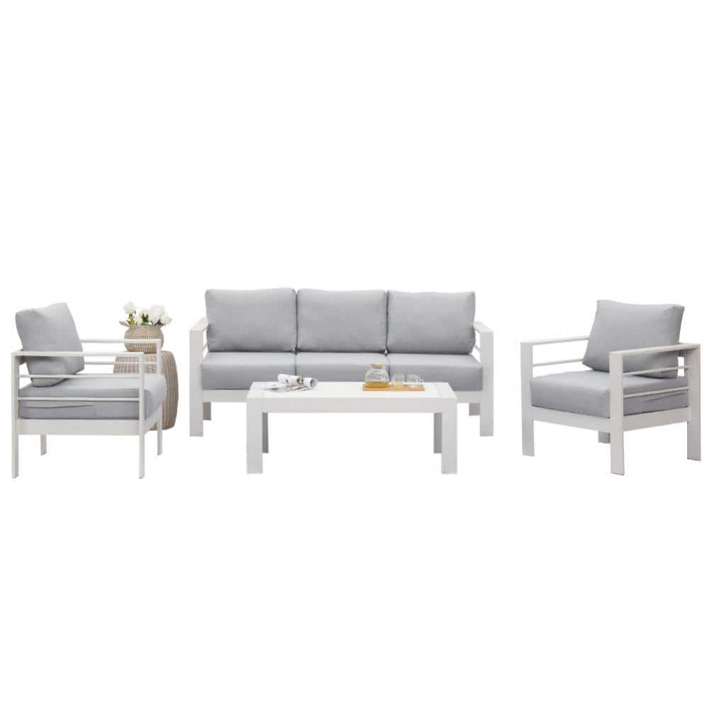 4-Piece Aluminum Patio Conversation Set with White Cushion with Table, Rust
