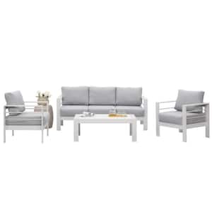 4-Piece Aluminum Patio Conversation Set with White Cushion with Table, Rust-Resistant, Sturdy Broad Armrest and Backrest
