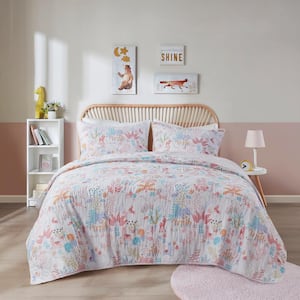 Kinsley 2-Piece Blush Twin Woodland Animals Reversible Cotton Quilt Set