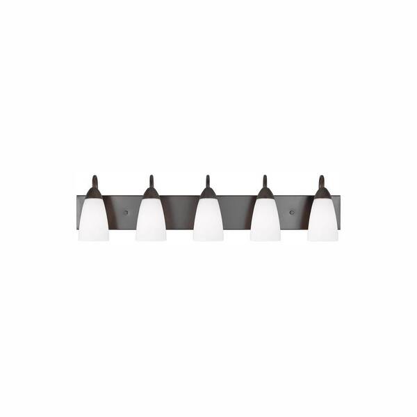 Generation Lighting Seville 35 in. 5-Light Bronze Transitional Modern Wall Bathroom Vanity Light with White Glass Shades and LED Bulbs