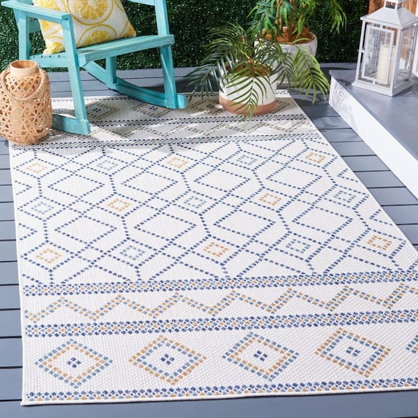 Courtyard Ivory/Navy Yellow 5 ft. x 8 ft. Geometric Modern Indoor/Outdoor Area Rug