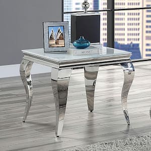 Mosgood 23.5 in. White and Silver Square Glass End Table
