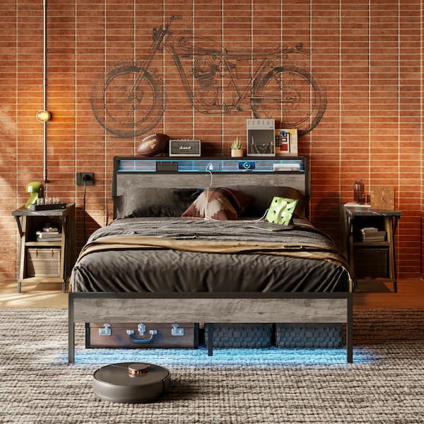 Grey Metal Frame Queen Size Platform Bed with Charge Station and Storage Headboard, LED Lights