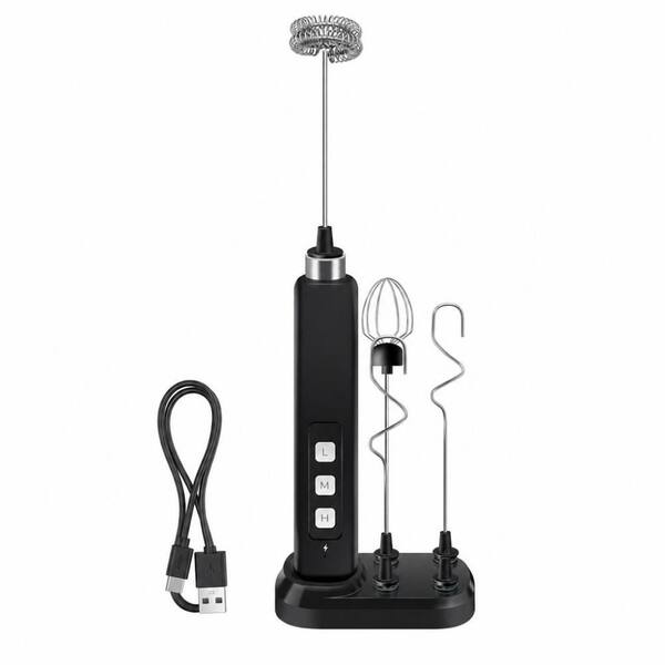 Black Rechargeable Electric Milk Frother, 3-Speed Adjustable, with Charging Base, 3-Detachable Stainless Steel Whisks