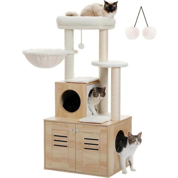 ATENGNES 50 in. Beige Wood Cat Condo with Litter Box Included-Modern Cat Tree