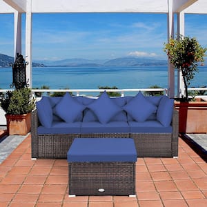 4-Pieces Rattan Patio Conversation Furniture Set Yard Outdoor with Navy Cushion