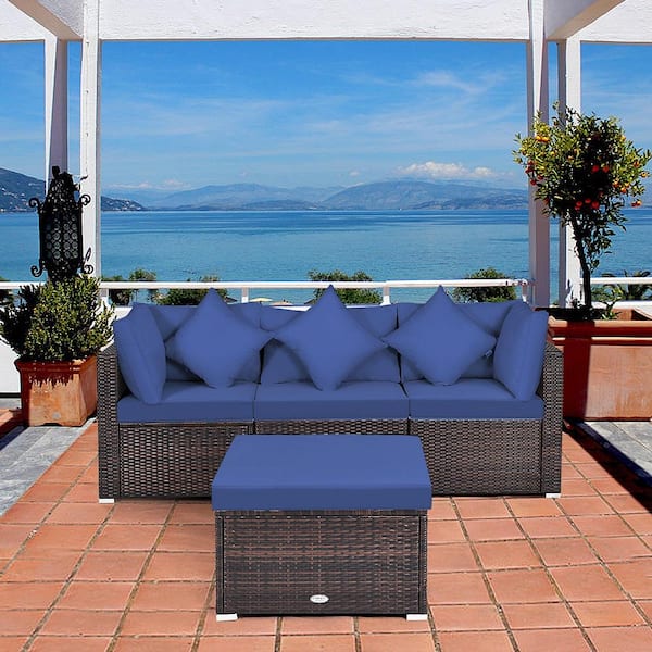 4-Pieces Rattan Patio Conversation Furniture Set Yard Outdoor with Navy Cushion
