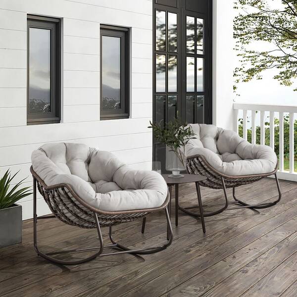 1-Piece Brown Wicker Outdoor Rocking Chair with Beige Cushion