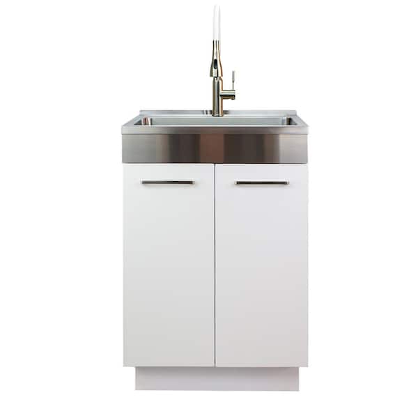 Transolid 24 in. x 20 in. x 34.6 in. Stainless Steel Laundry/Utility Sink and Cabinet with Faucet in White
