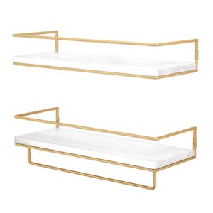 5.71 in. D x 15.7 in. W x 2.28 in. H Gold-White Floating Shelves with Towel Rack (Set of 2)