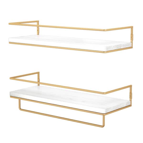 Unbranded 5.71 in. D x 15.7 in. W x 2.28 in. H Gold-White Floating Shelves with Towel Rack (Set of 2)