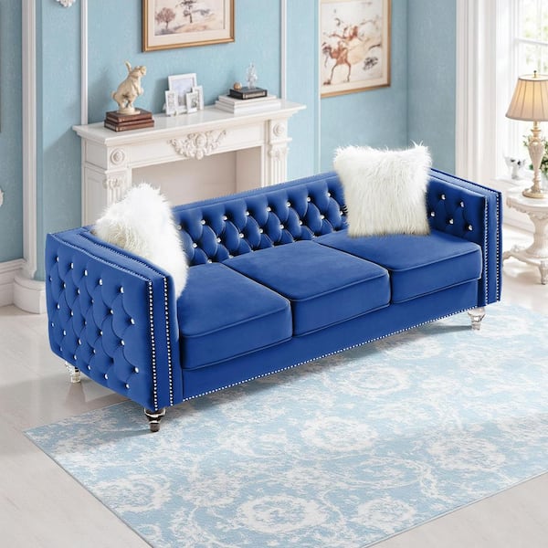 Chic 83.07 in. Square Arm Velvet 3-Seater Rectangle Sofa Couch with Tufted Buttons, Nailhead & Acrylic Legs in Navy Blue