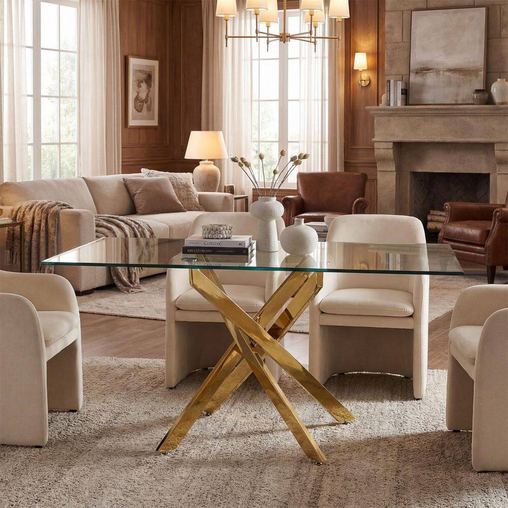 Modern Gold Glass 27.56 in. Cross Legs Base Dining Table Seats 4 Rectangular Table