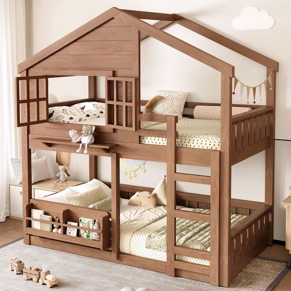 Trefor Brown Twin Over Twin Wood House Design Bunk Bed with Bookshelf and Safety Fencing