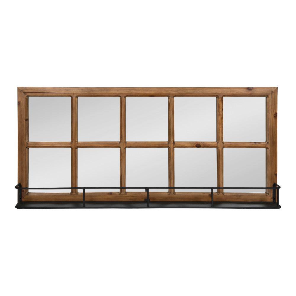 Rustic Brown Wood Wall Mirror with Black Metal Shelf