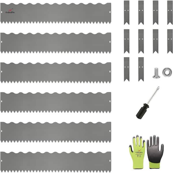 Unbranded - 6 Pack 40 in. L x 8 in. H Quartz Grey Steel Garden Landscape Edging, Lawn Border with Gloves and 10 Stakes(Wavy Edge)
