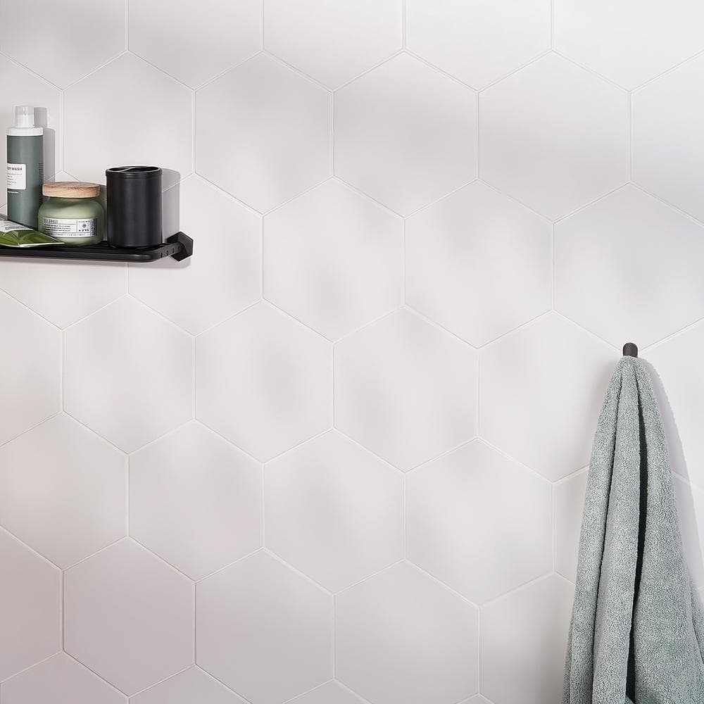 White Hexagonal Matte Porcelain Floor and Wall Tile, 8-in x 9-in