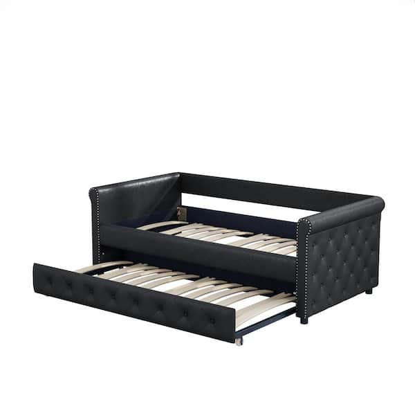 ATHMILE Black Twin Size Daybed with Trundle Upholstered Tufted Sofa Bed, with Button and Copper Nail on Arms