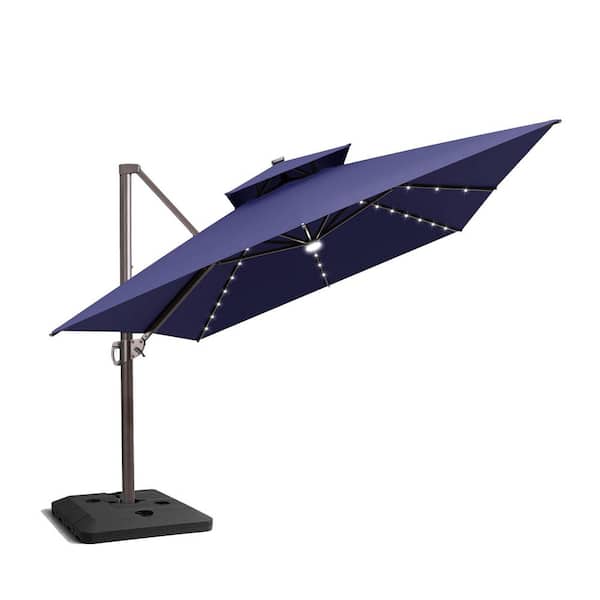 Double Top 13 ft. x 10 ft. Heavy-Duty 360° Rotation Solar LED Lighted Cantilever Patio Umbrella in Navy, 240 lbs. Base