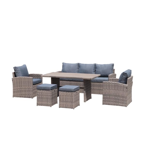 Sireck 6-Piece Wicker Outdoor Sectional Set Patio Dining and Coffee Sofa with Light Brown Cushions