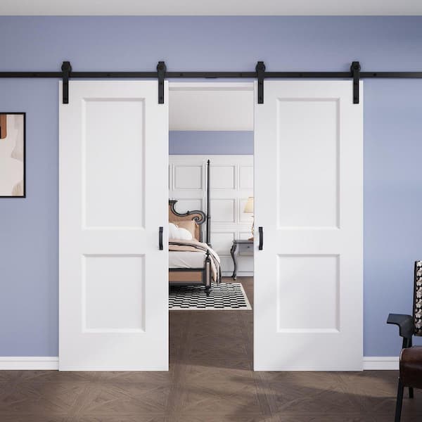 60 in. x 80 in. H Shape White Primed Hollow Core MDF Sliding Barn Door with Hardware Kit Handle Included