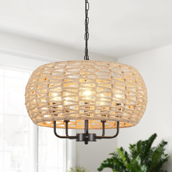 18.97 in. 5-Light Black and Brown Bohemian Drum Candle Chandelier with Straw Hand Woven Shade