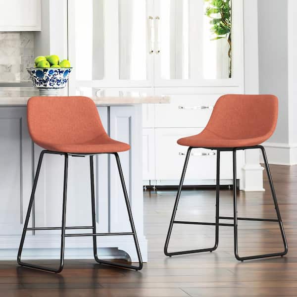 LUE BONA Alexander 24 in. Orange Bar Stools Low Back Metal Frame Counter Height Bar Stool With Fabric Upholstery Seat (Set of 2)