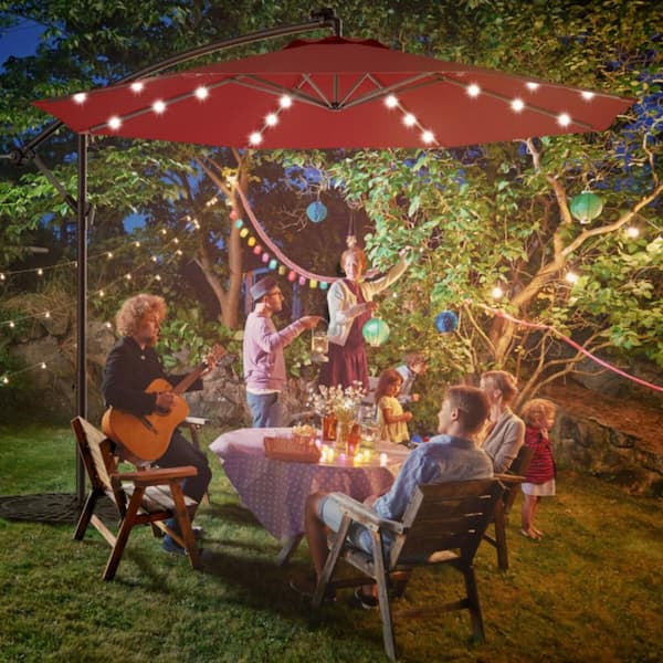 10 ft. Cantilever Patio Umbrella with Solar LED without Weighted Base in Red