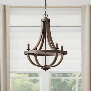 Keowee 21 in. 4-Light Artisan Iron Farmhouse Cage Chandelier with Rustic Distressed Elm Wood Accents