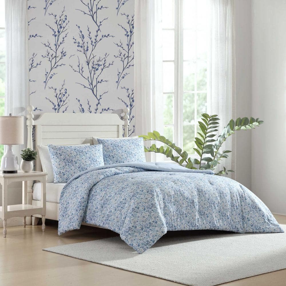 Twin Blue Cotton Reversible Floral Bedding Set