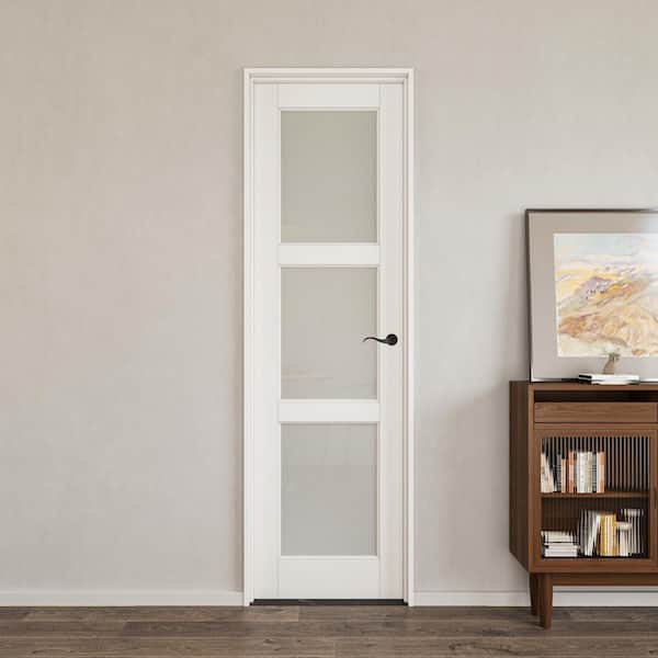 28 in. x 80 in. 3-Lite Frosted Glass Left White Solid Core Glass Single Prehung Interior Door with Quick Assemble Jamb