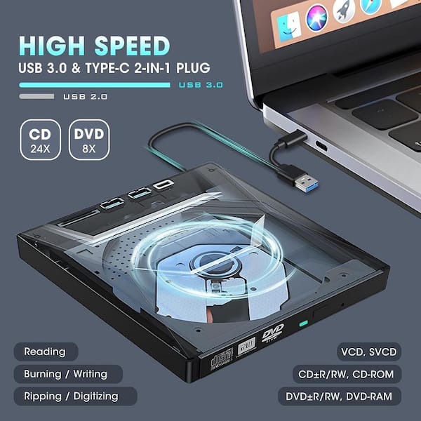 High-Speed 7 in 1 USB 3.0 External CD/DVD Drive for Laptop and Desktop PC