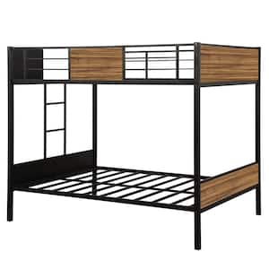 Full-Over-Full Black Bunk Bed Modern Style Steel Frame Bunk Bed with Safety Rail Built-in Ladder