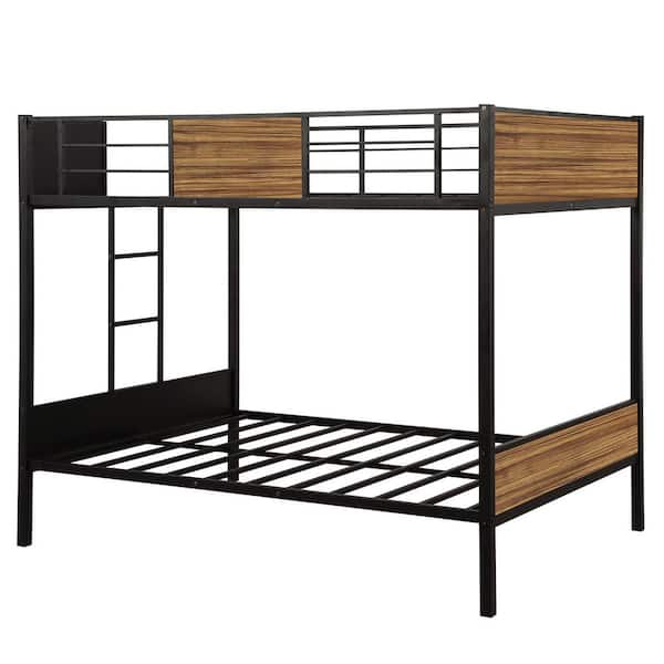 aisword Full-Over-Full Black Bunk Bed Modern Style Steel Frame Bunk Bed with Safety Rail Built-in Ladder