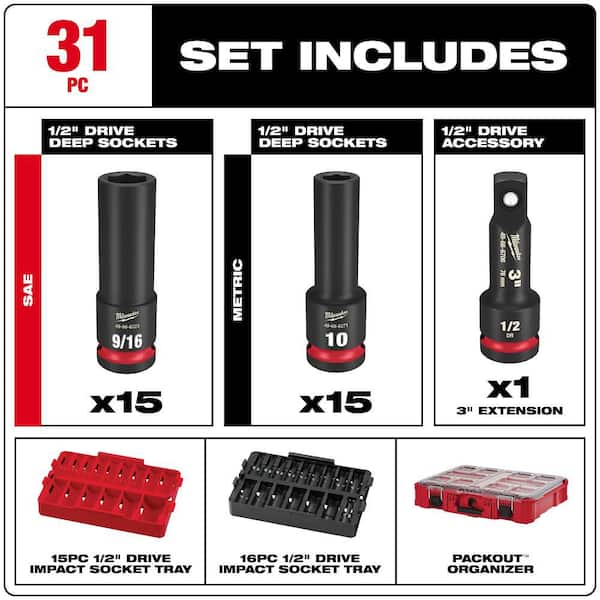 Milwaukee - SHOCKWAVE Impact-Duty 1/2 in. Drive Metric and SAE Deep Well Impact PACKOUT Socket Set (31-Piece)
