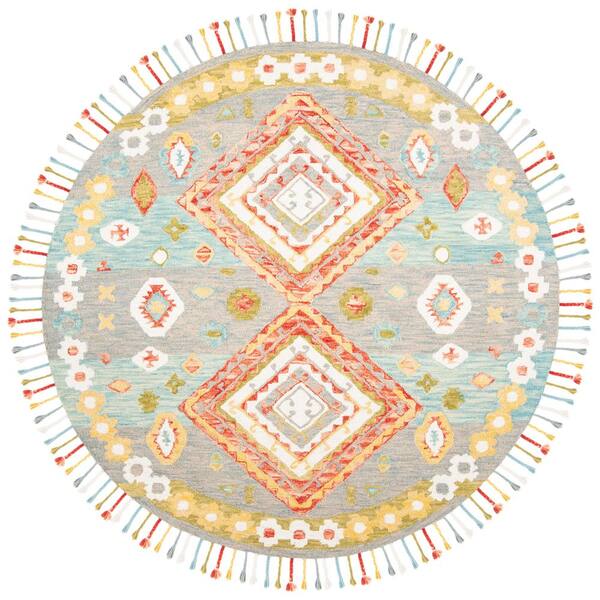 Aspen 7 ft. x 7 ft. Gray/Red Tribal Round Rug