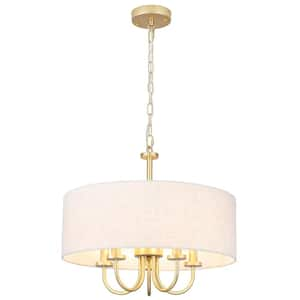 5-Light Gold Candlestick Chandelier with Beige Linen Drum Shade