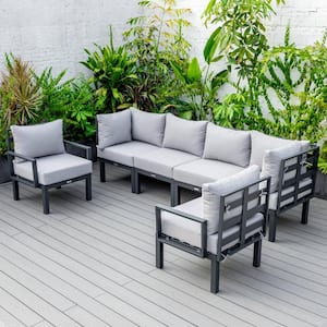 Chelsea Black 6-Piece Aluminum Outdoor Patio Sectional with Light Grey Cushions