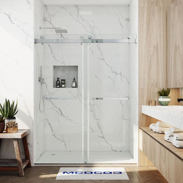 MCOCOD 51-55 in. W x 76 in. H Double Sliding Frameless Smooth Sliding Shower Door in Chrome with 3/8 in. Clear Glass