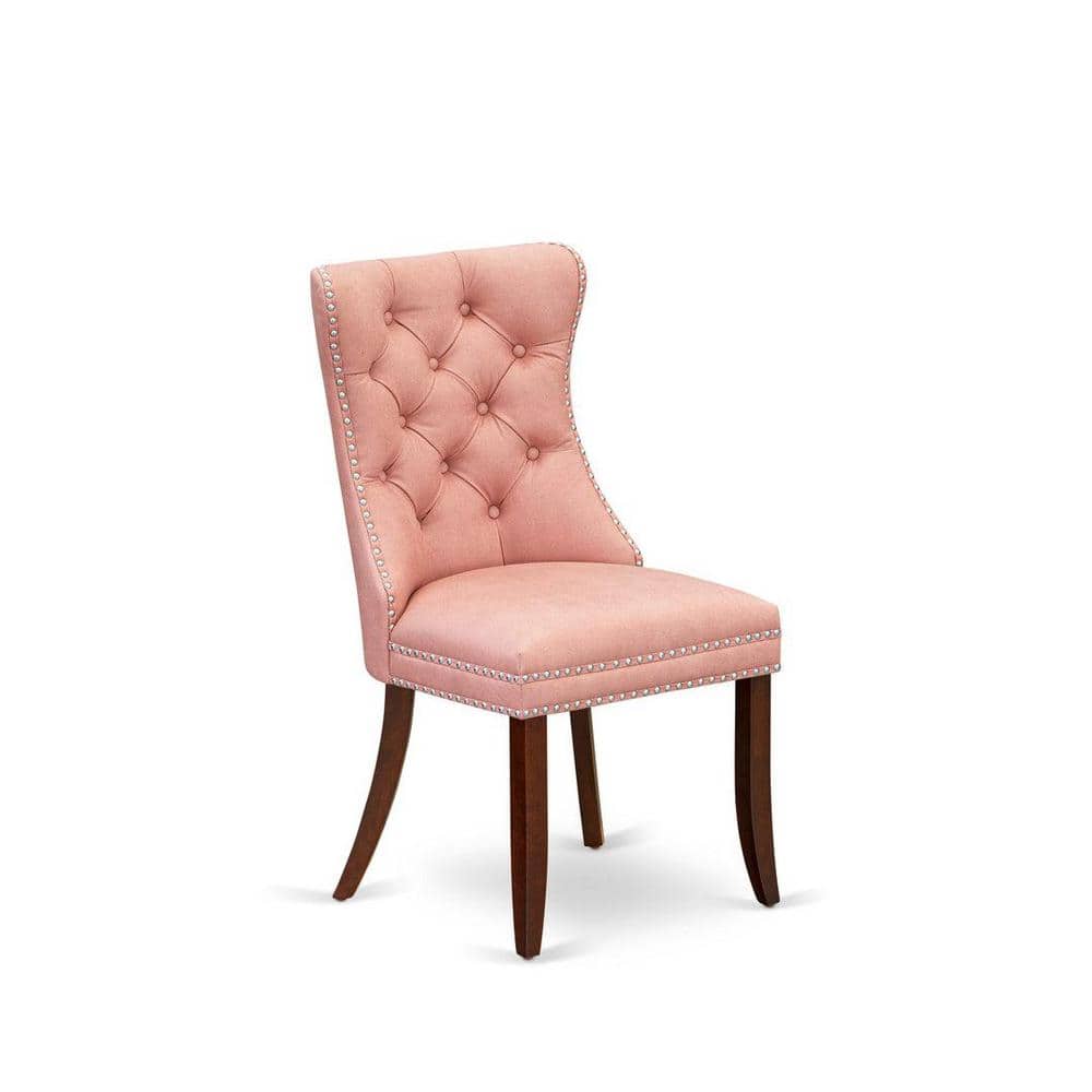 Mahogany Finish Round Pedestal Dining Table with Pink Tufted Chairs