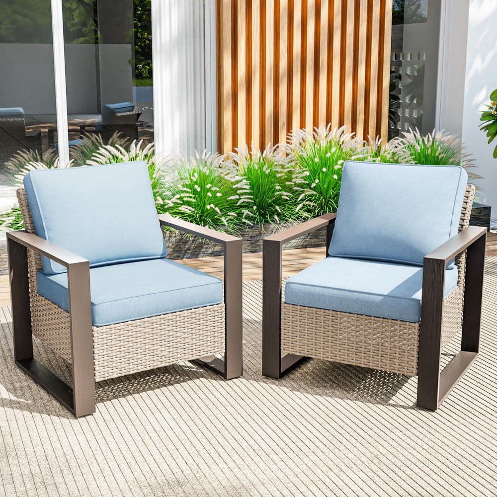 Wicker Patio Outdoor Lounge Chairs with Metal Frame Armrests and Baby Blue Cushions (2-Pack) price history on PriceWatchPro