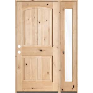 44 in. x 80 in. Rustic Unfinished Knotty Alder Arch-Top VG Right-Hand Right Full Sidelite Clear Glass Prehung Front Door