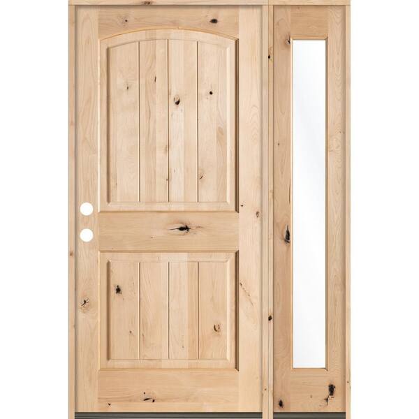 Krosswood Doors 44 in. x 80 in. Rustic Unfinished Knotty Alder Arch-Top VG Right-Hand Right Full Sidelite Clear Glass Prehung Front Door