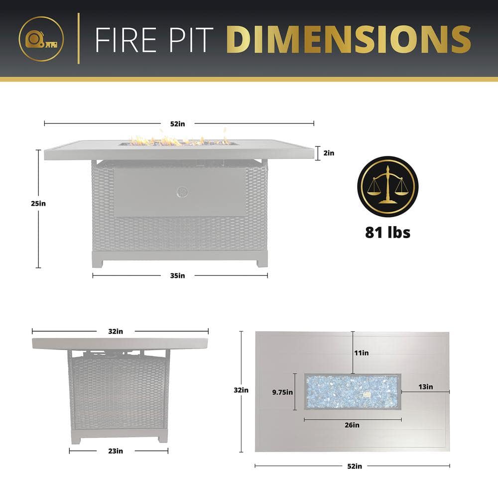 Novi 52" Gray Aluminum and Rattan Gas Fire Pit Table