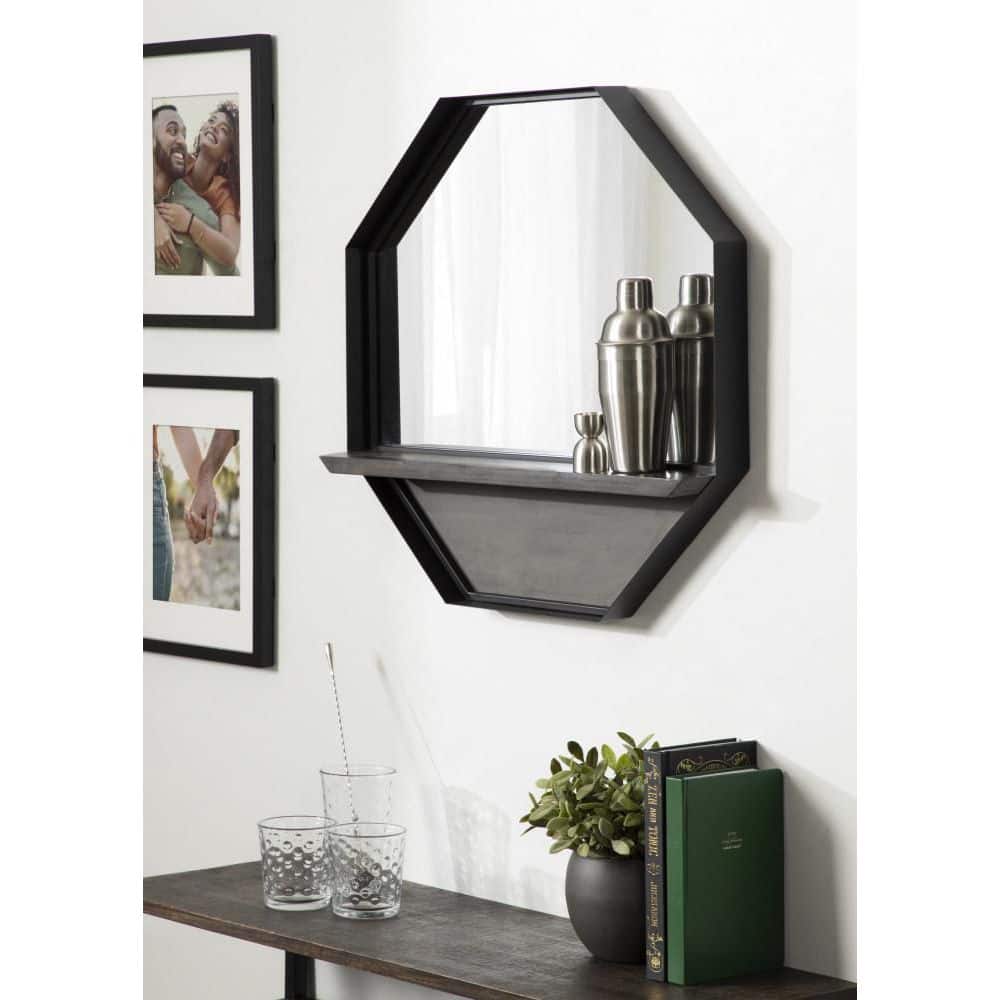 Gray and Black Octagon Wall Mirror with Shelf