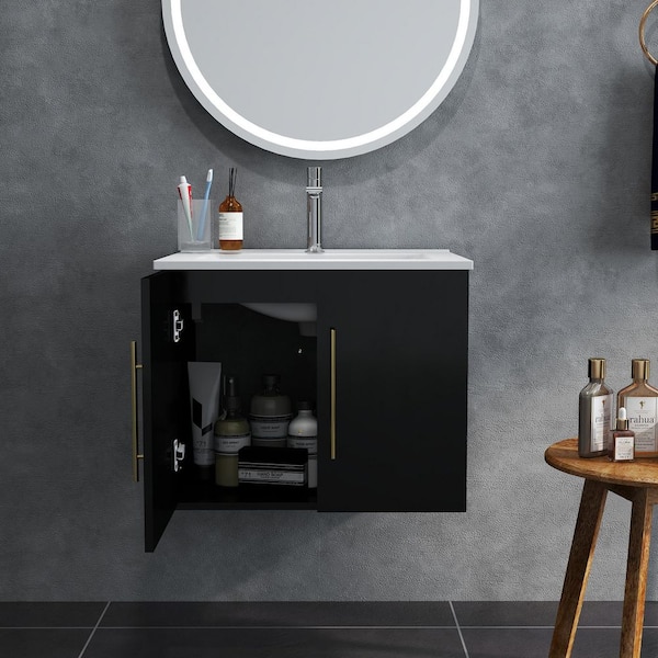 24 in. Single Sink Floating Black Bath Vanity with White Ceramic Top