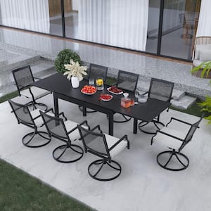 9-Piece Black Metal Patio Outdoor Dining Set with Extendable Table and Swivel Dining Chairs with Cushions