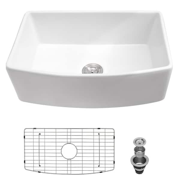LORDEAR 30 in.x 19 in.Farmhouse Single Bowl Fireclay White Apron-Front Kitchen Sink with Bottom Grid and Strainer